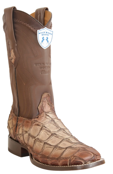 Wild West 284LH1072 Men's Faded Mocha Genuine Pirarucu Ranch Toe Cowboy Boots
