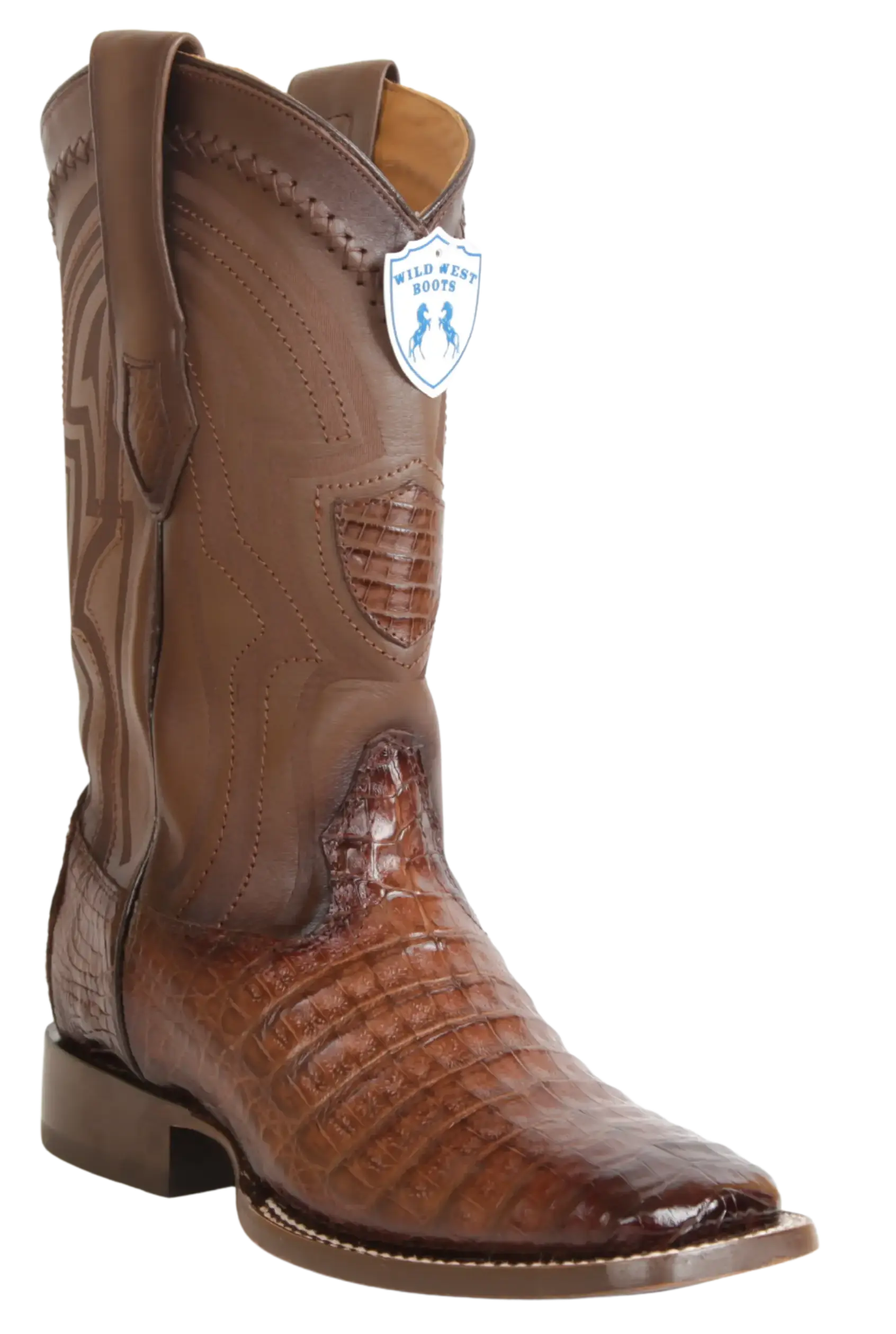 Wild West 284LH8216 Men's Faded Brown Genuine Caiman Crocodile Belly Ranch Toe Cowboy Boots