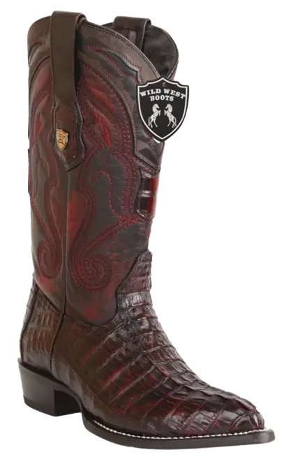 Wild West 2990118 Men's Black Cherry Genuine Caiman Crocodile Tail J Toe Cowboy Boots
