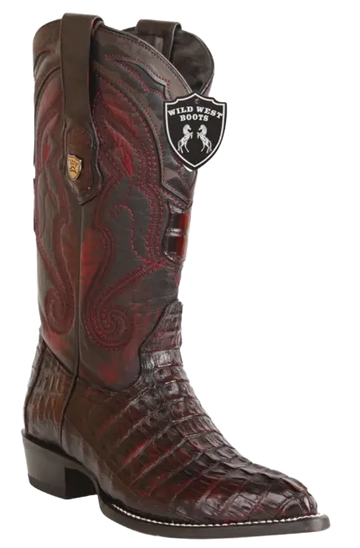 Wild West 2990118 Men's Black Cherry Genuine Caiman Crocodile Tail J Toe Cowboy Boots