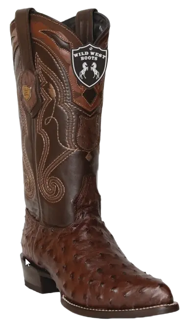 Wild West 2990307 Men's Brown Genuine Ostrich J Toe Cowboy Boots