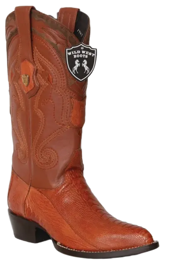 Wild West 2990503 Men's Cognac Genuine Ostrich Leg J Toe Cowboy Boots