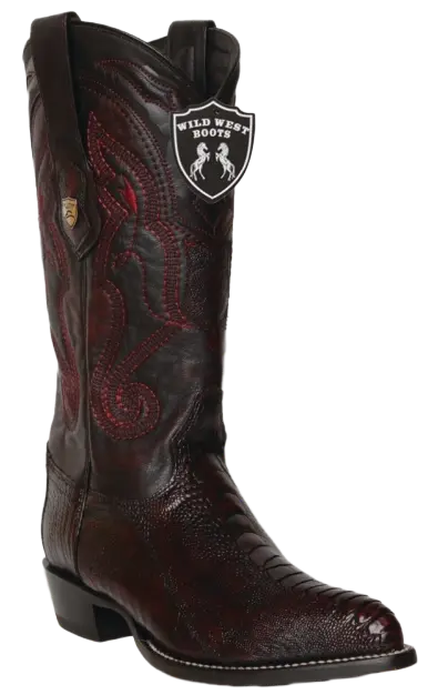 Wild West 2990518 Men's Black Cherry Genuine Ostrich Leg J Toe Cowboy Boots