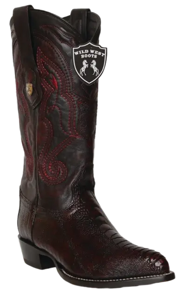 Wild West 2990518 Men's Black Cherry Genuine Ostrich Leg J Toe Cowboy Boots
