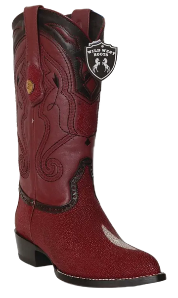 Wild West 2991206 Men's Burgundy Genuine Single Stone Stingray J Toe Cowboy Boots