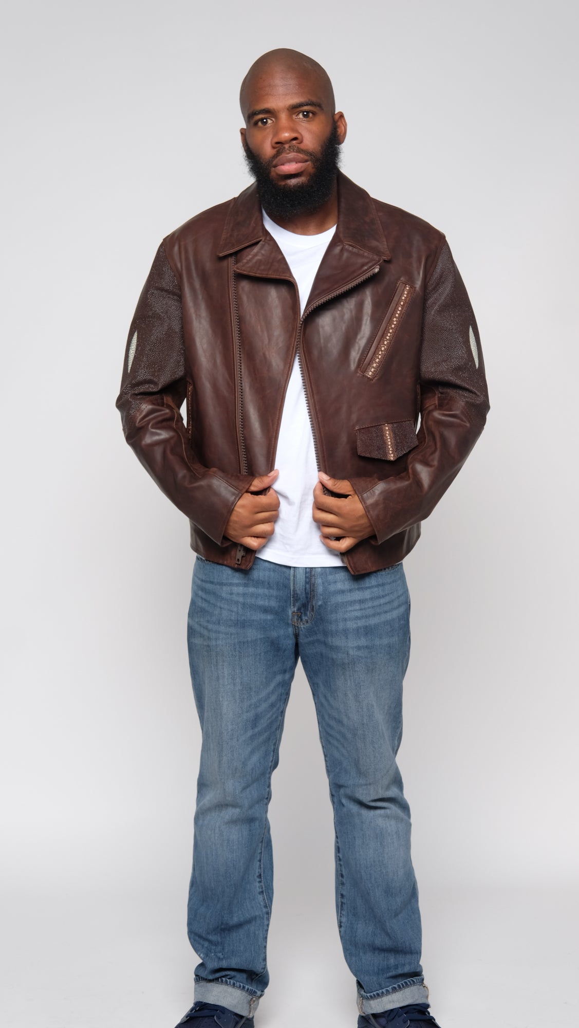 Jakewood 3015 Brown Genuine Stingray/Lambskin Leather Motorcycle Jacket