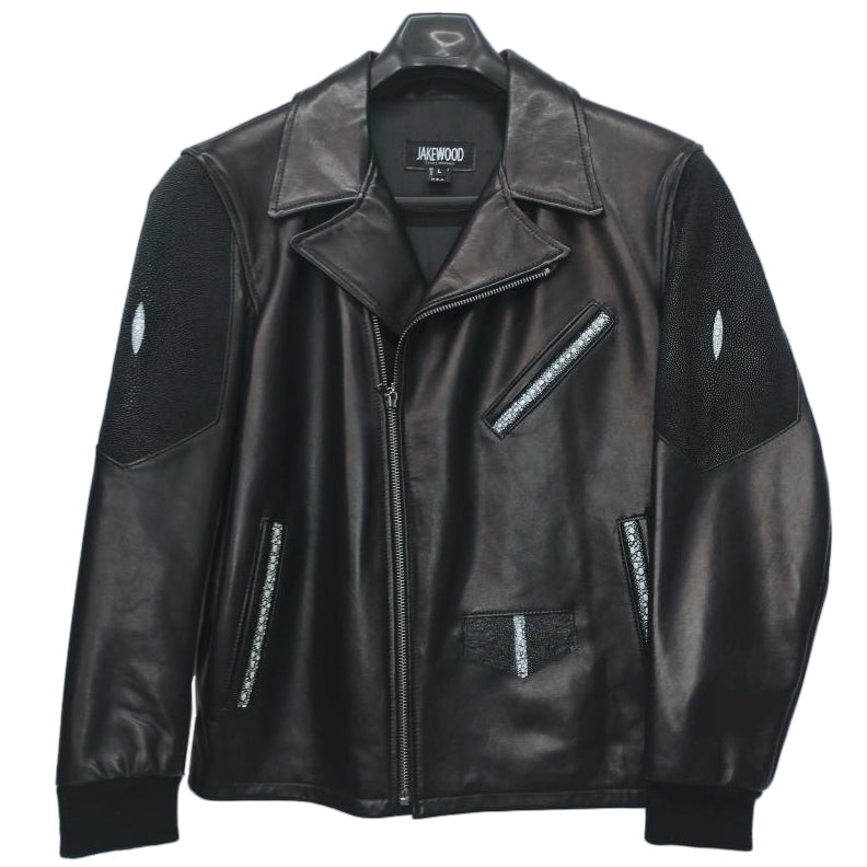 Jakewood 3015 Black Genuine Stingray/Lambskin Leather Motorcycle Jacket