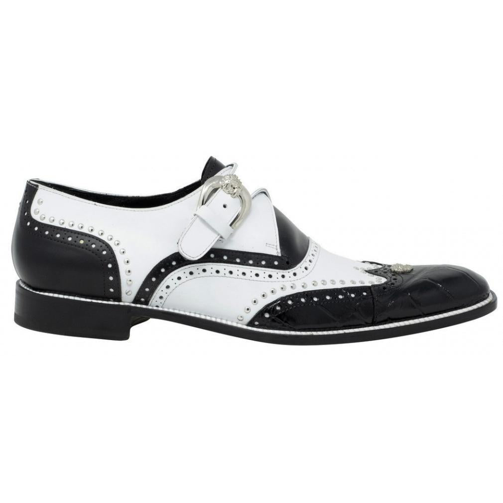 Mauri Godfather 3051 Black/White Genuine Body Alligator/Calf Studded Monk Strap Wingtip Shoes