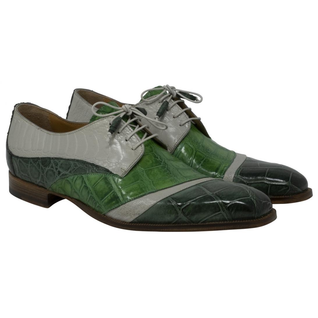 Mauri Swag 3064 Hunter Green/Emerald Green Genuine Body Alligator/Acre Raindrops Ostrich Leg Hand Painted Lace-up Shoes