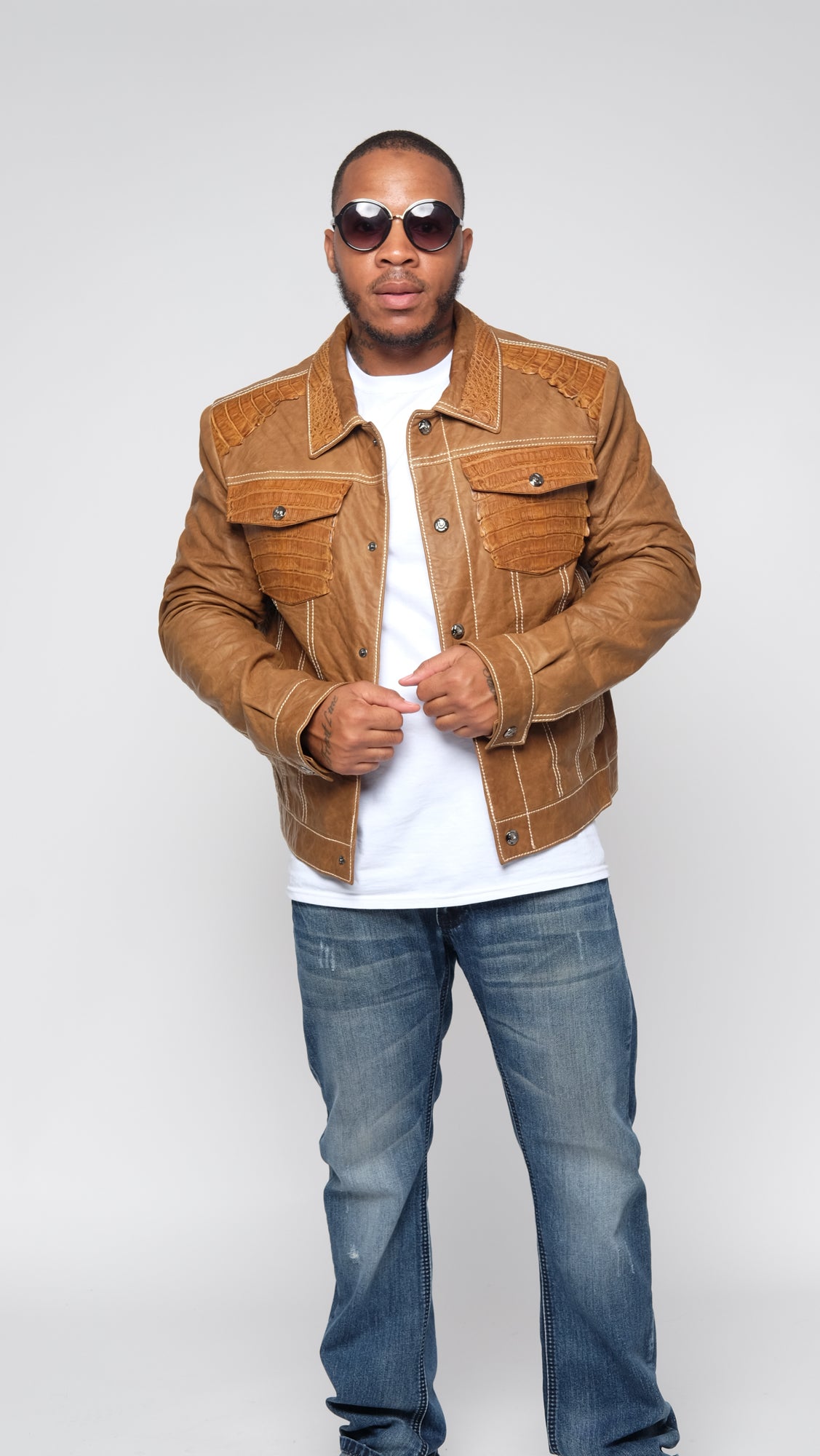 Jakewood 3065 Tan Genuine Alligator/Leather Denim Style Jacket
