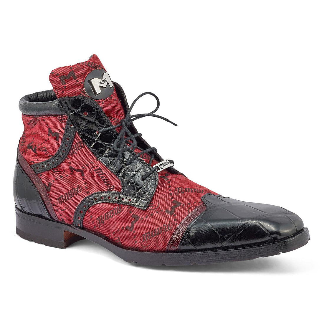 Mauri Jetset Black/Ruby Red Genuine Alligator/Ostrich Leg/Mauri Fabric Derby Boots 3069