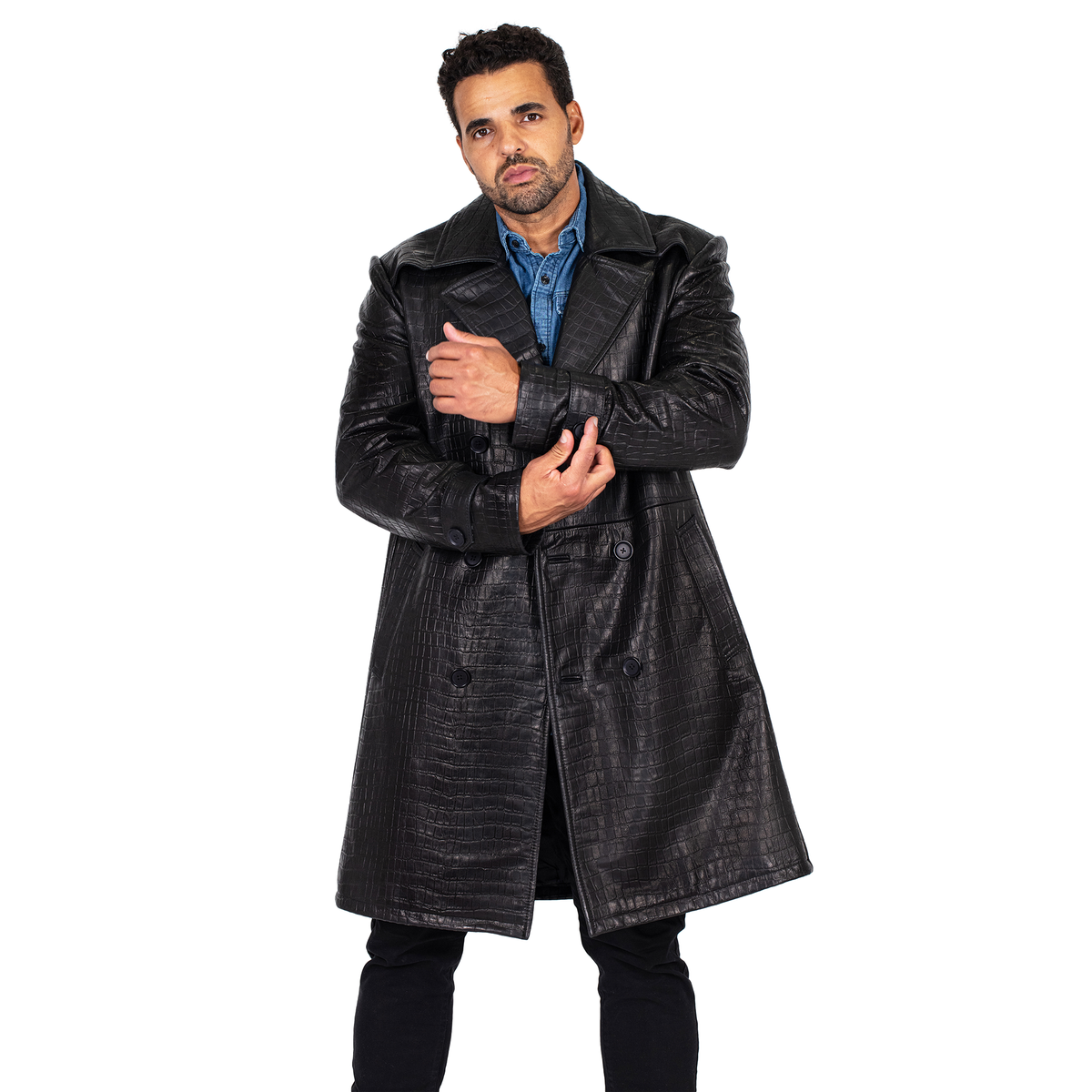 Jakewood 3130 Black Genuine Xman Double Breasted Embossed Leather Coat
