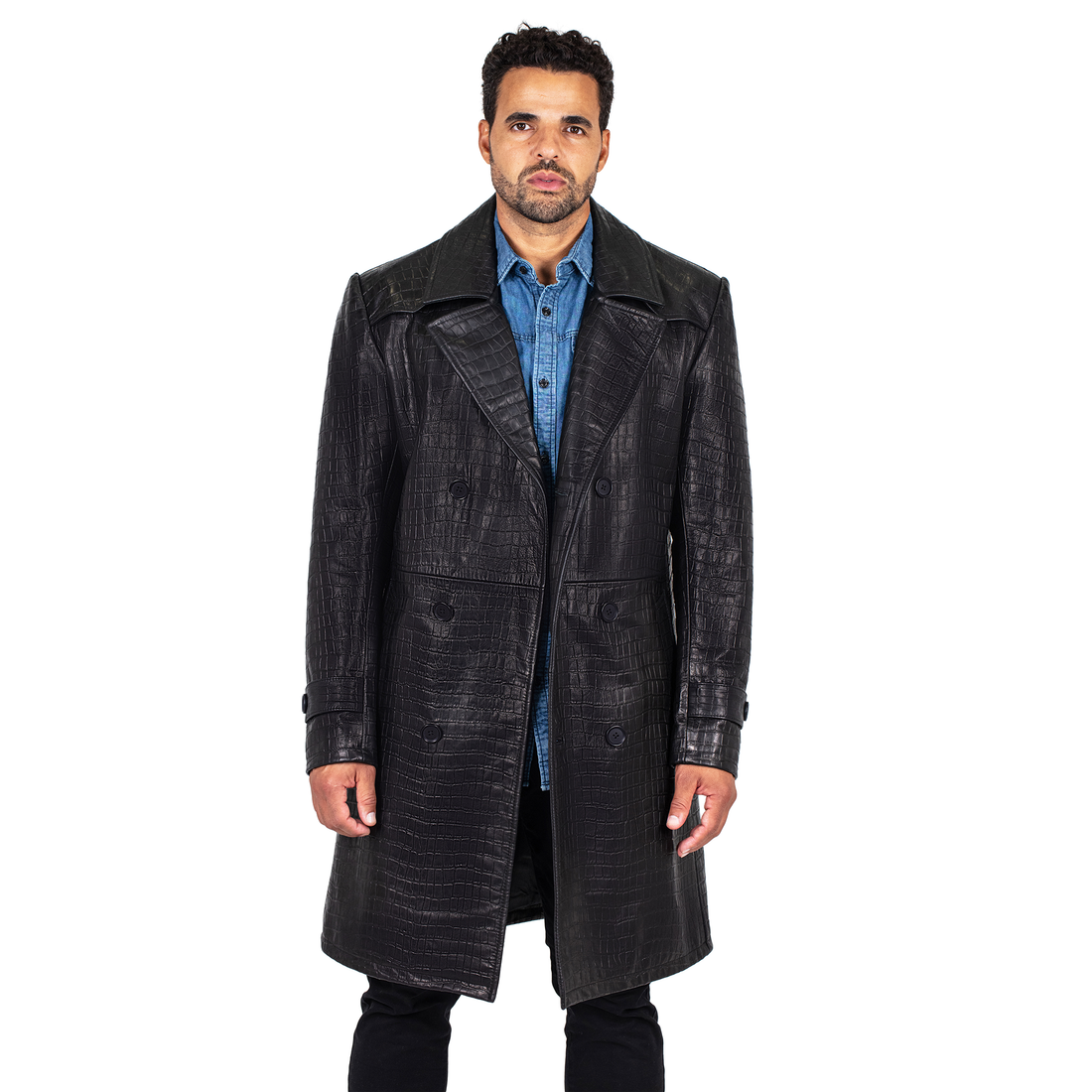 Jakewood 3130 Black Genuine Xman Double Breasted Embossed Leather Coat