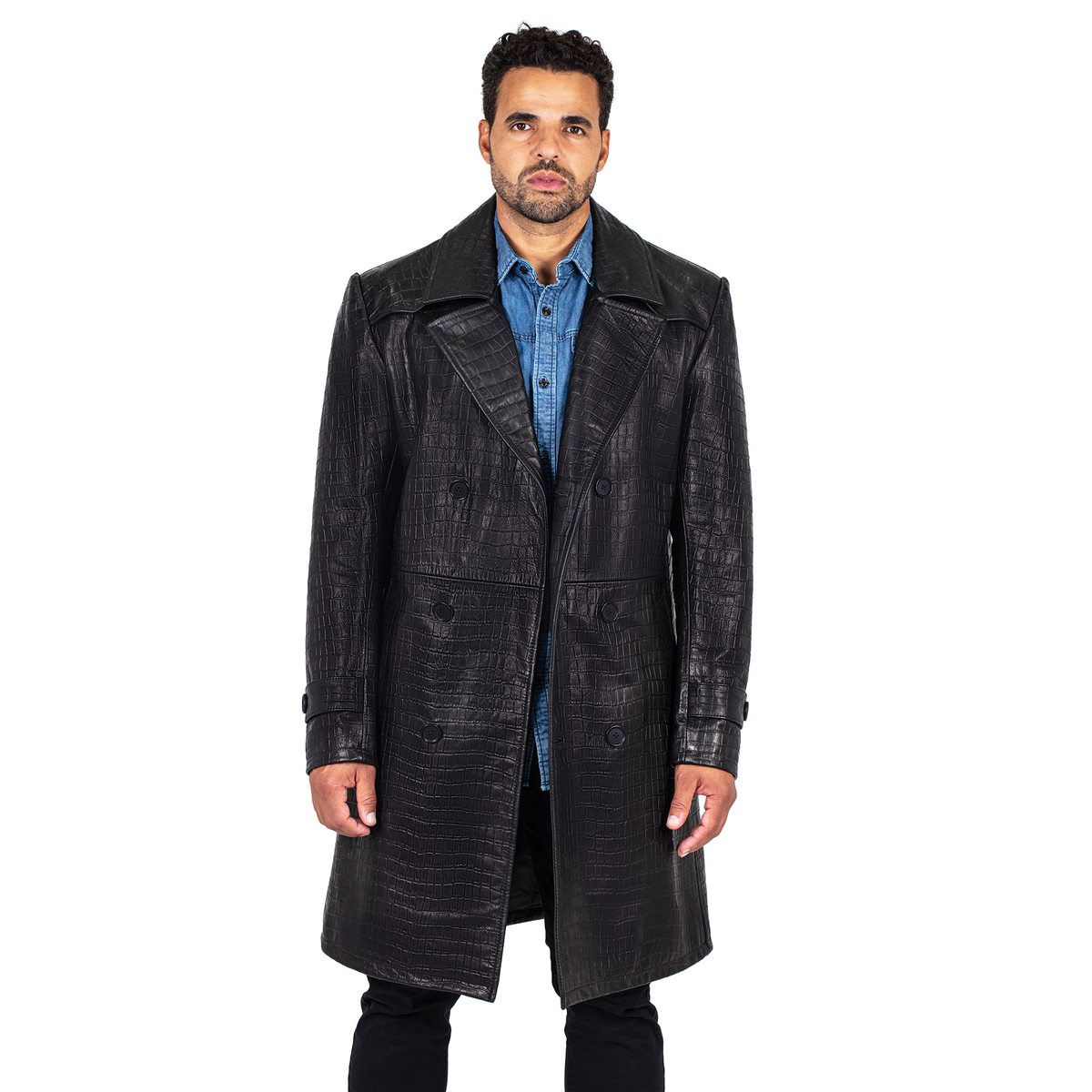 Jakewood 3130 Black Genuine Xman Double Breasted Embossed Leather Coat