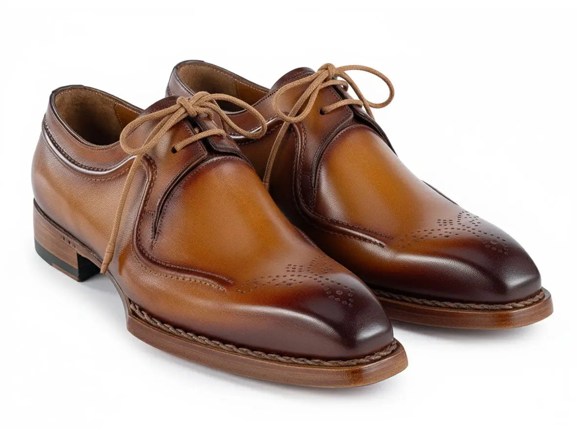 Paul Parkman Men's Camel Brown Hand-Welted Genuine Leather Derby Shoes (ID#326B12) PAUL PARKMAN