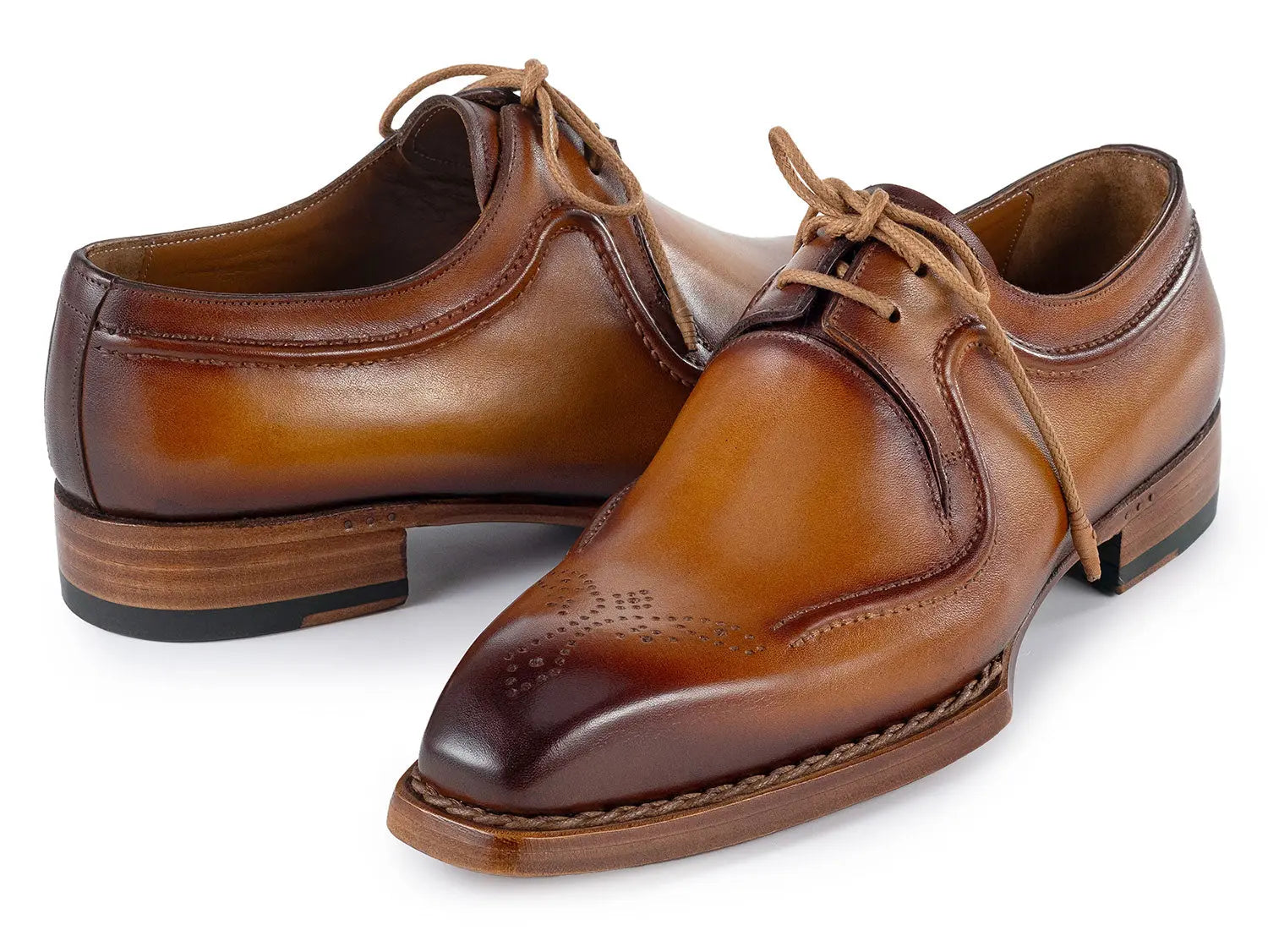 Paul Parkman Men's Camel Brown Hand-Welted Genuine Leather Derby Shoes (ID#326B12) PAUL PARKMAN