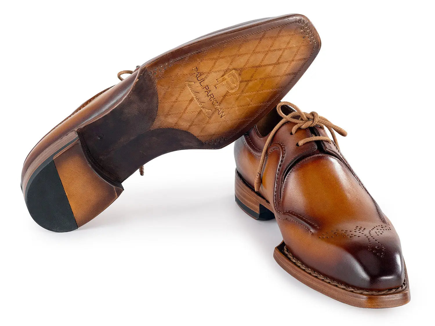 Paul Parkman Men's Camel Brown Hand-Welted Genuine Leather Derby Shoes (ID#326B12) PAUL PARKMAN