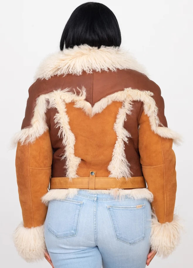 Jakewood 1012 Ladies Cognac/Brown/Cream Genuine Sheepskin/Fur/Leather Racing Jacket