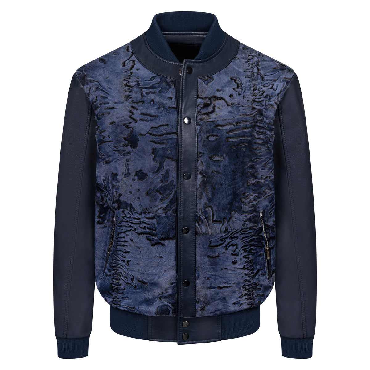 Jakewood 3443 Navy Genuine Persian Lamb/Leather Baseball Bomber Jacket