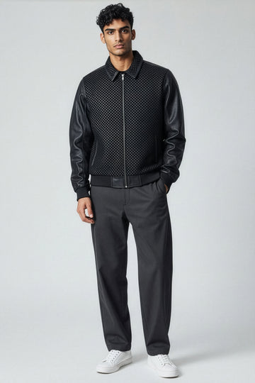 Jakewood 3450 Black Genuine Pleated Leather Bomber Jacket