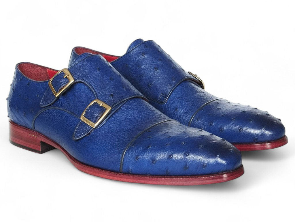 Paul Parkman Men's Sax Blue Genuine Ostrich Double Monk Strap Shoes (ID#37U33)