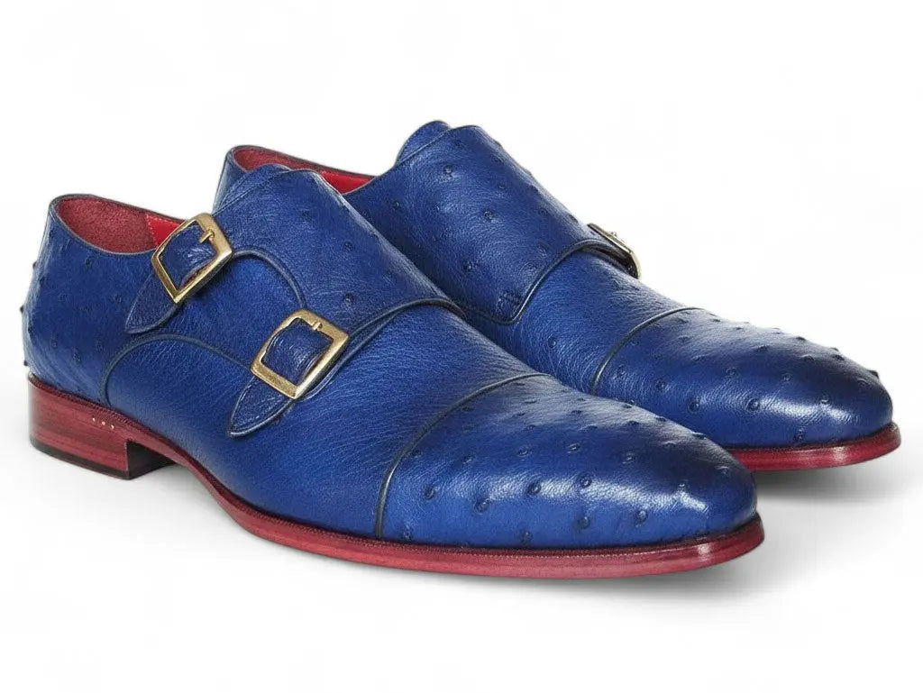 Paul Parkman Men's Sax Blue Genuine Ostrich Double Monk Strap Shoes (ID#37U33) PAUL PARKMAN