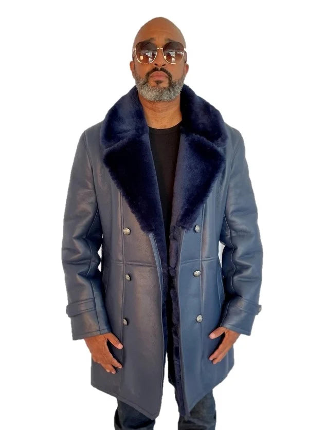 Jakewood 4400 Navy Genuine Sheepskin Shearling Trench Coat