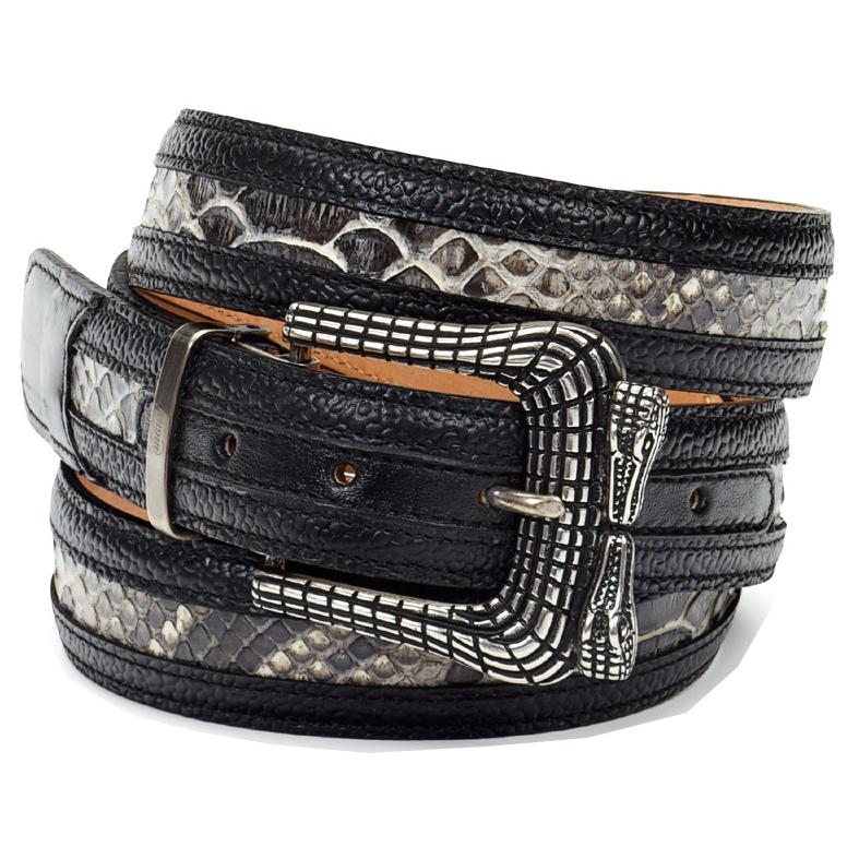 Mauri Black Genuine Pebble Grain Calf/Grey Python Hand-Painted Belt 