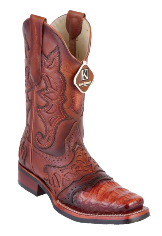King Exotic 48118203 Men's Cognac Genuine Caiman Crocodile Belly Wide Square Toe Cowboy Boots