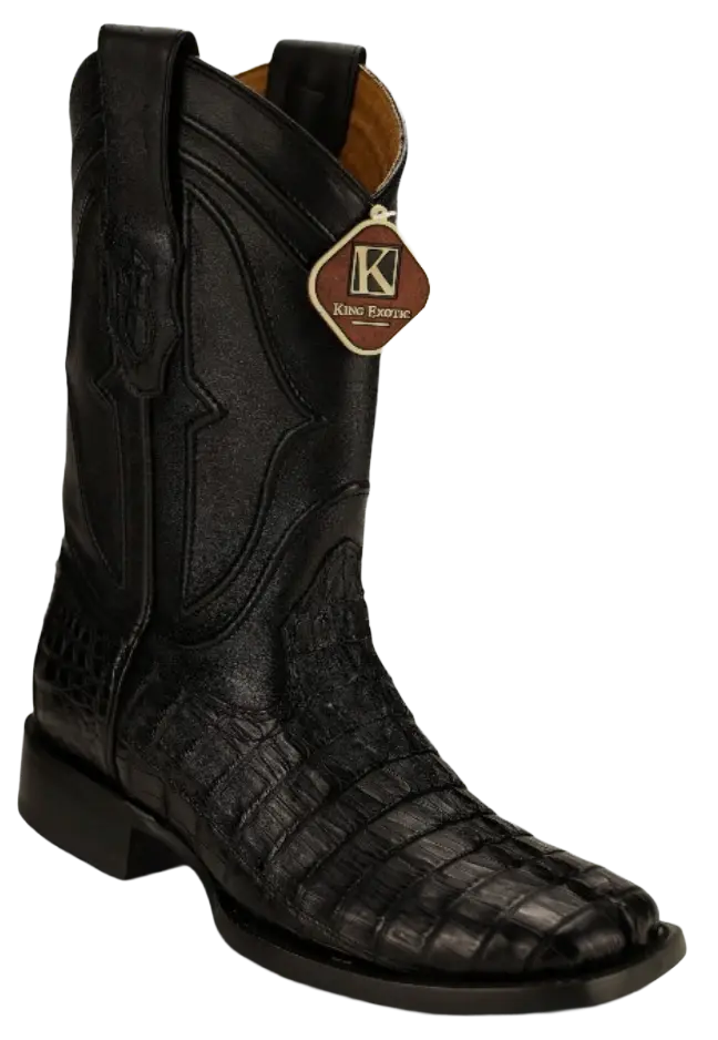King Exotic 4820105 Men's Black Genuine Caiman Crocodile Tail Wide Square Toe Cowboy Boots