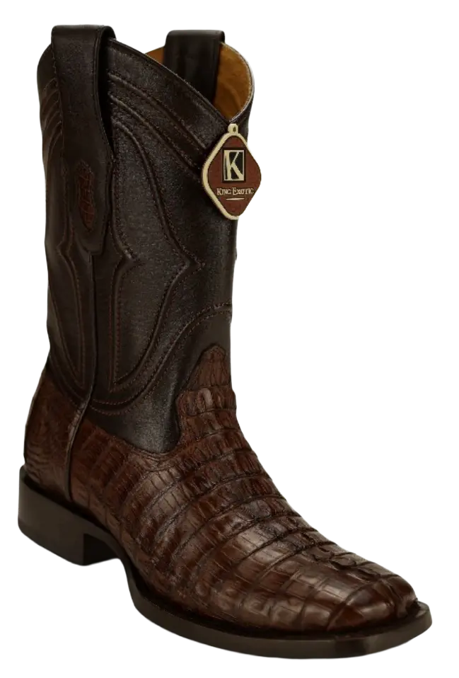 King Exotic 4820107 Men's Brown Genuine Caiman Crocodile Tail Wide Square Toe Cowboy Boots
