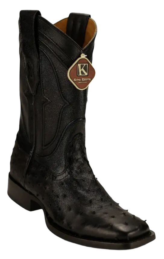 King Exotic 4820305 Men's Black Genuine Ostrich Wide Square Toe Cowboy Boots