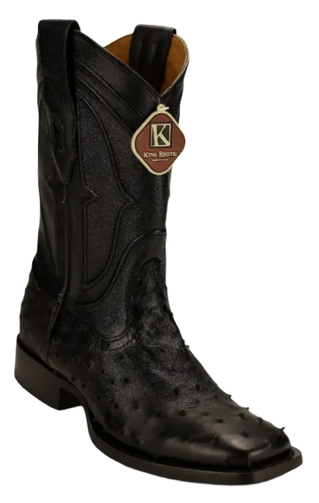 King Exotic 4820305 Men's Black Genuine Ostrich Wide Square Toe Cowboy Boots