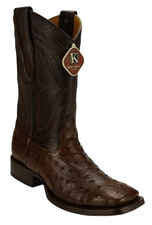 King Exotic 4820307 Men's Brown Genuine Ostrich Wide Square Toe Cowboy Boots