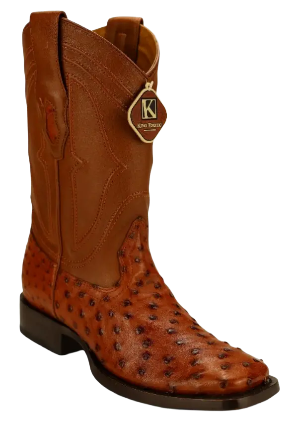 King Exotic 4820364 Men's Brandy Genuine Ostrich Wide Square Toe Cowboy Boots