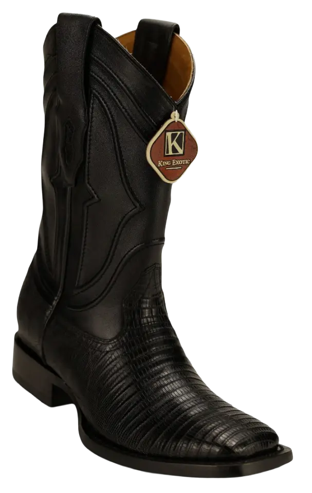 King Exotic 4820705 Men's Black Genuine Teju Lizard Wide Square Toe Cowboy Boots