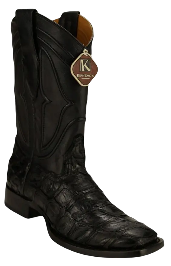 King Exotic 4821005 Men's Black Genuine Pirarucu Wide Square Toe Cowboy Boots