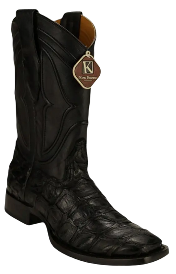 King Exotic 4821005 Men's Black Genuine Pirarucu Wide Square Toe Cowboy Boots