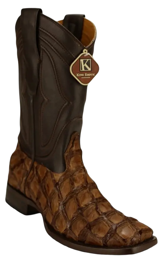King Exotic 4821007 Men's Brown Genuine Pirarucu Wide Square Toe Cowboy Boots