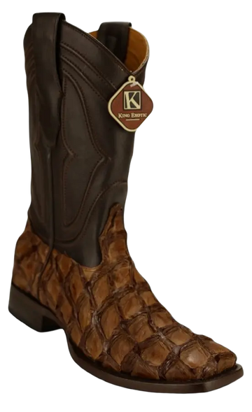 King Exotic 4821007 Men's Brown Genuine Pirarucu Wide Square Toe Cowboy Boots