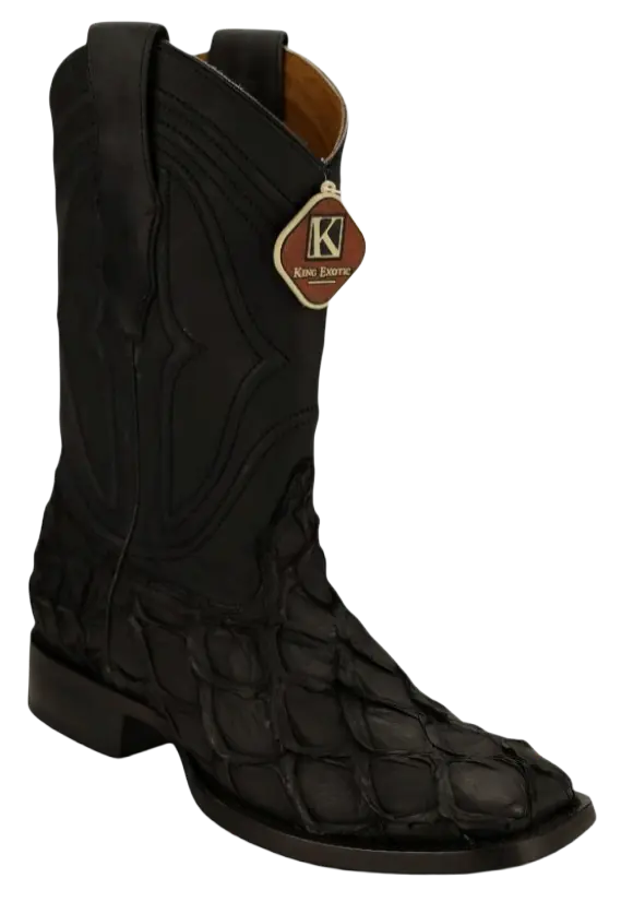 King Exotic 4821069 Men's Matte Black Genuine Pirarucu Wide Square Toe Cowboy Boots