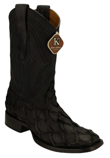 King Exotic 4821069 Men's Matte Black Genuine Pirarucu Wide Square Toe Cowboy Boots