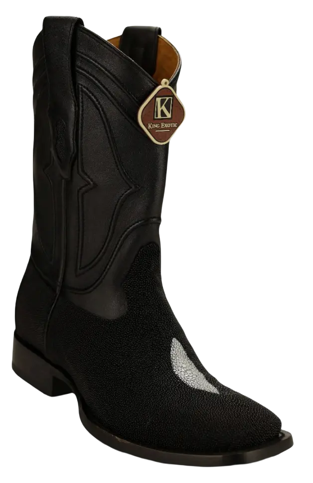 King Exotic 4821205 Men's Black Genuine Single Stone Stingray Wide Square Toe Cowboy Boots