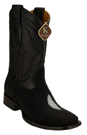 King Exotic 4821205 Men's Black Genuine Single Stone Stingray Wide Square Toe Cowboy Boots