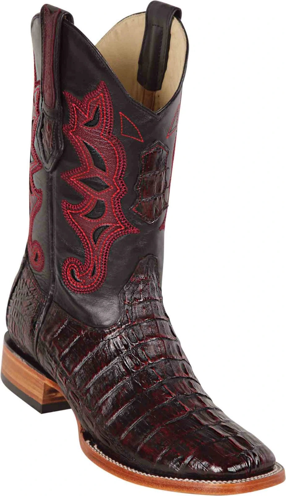 Los Altos 48220118 Men's Black Cherry  Genuine Caiman Tail Wide Square Toe Cowboy Boots