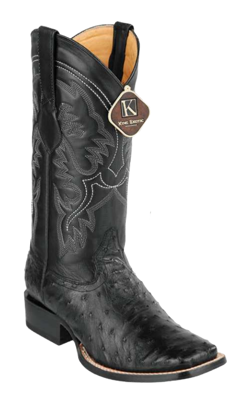 King Exotic 48220305 Men's Black Genuine Ostrich Wide Square Toe Cowboy Boots