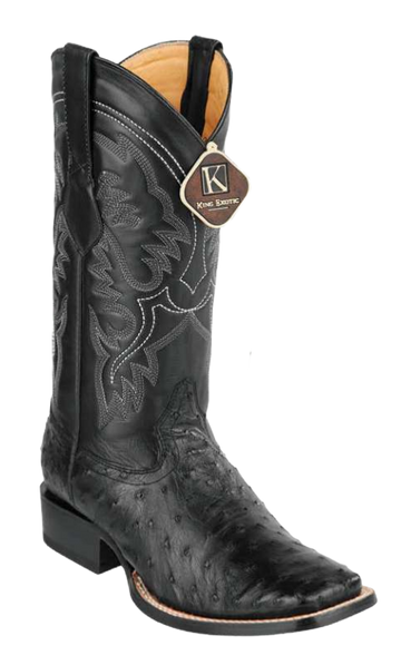 King Exotic 48220305 Men's Black Genuine Ostrich Wide Square Toe Cowboy Boots