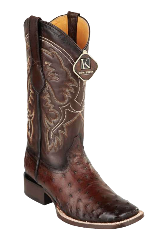King Exotic 48220316 Men's Faded Brown Genuine Ostrich Wide Square Toe Cowboy Boots