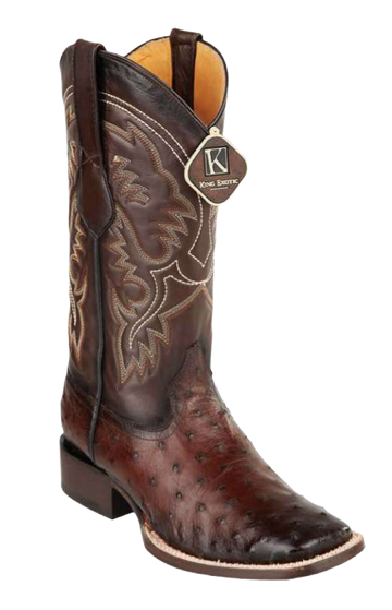 King Exotic 48220316 Men's Faded Brown Genuine Ostrich Wide Square Toe Cowboy Boots