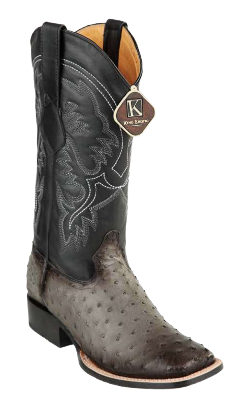 King Exotic 48220338 Men's Faded Gray Genuine Ostrich Wide Square Toe Cowboy Boots